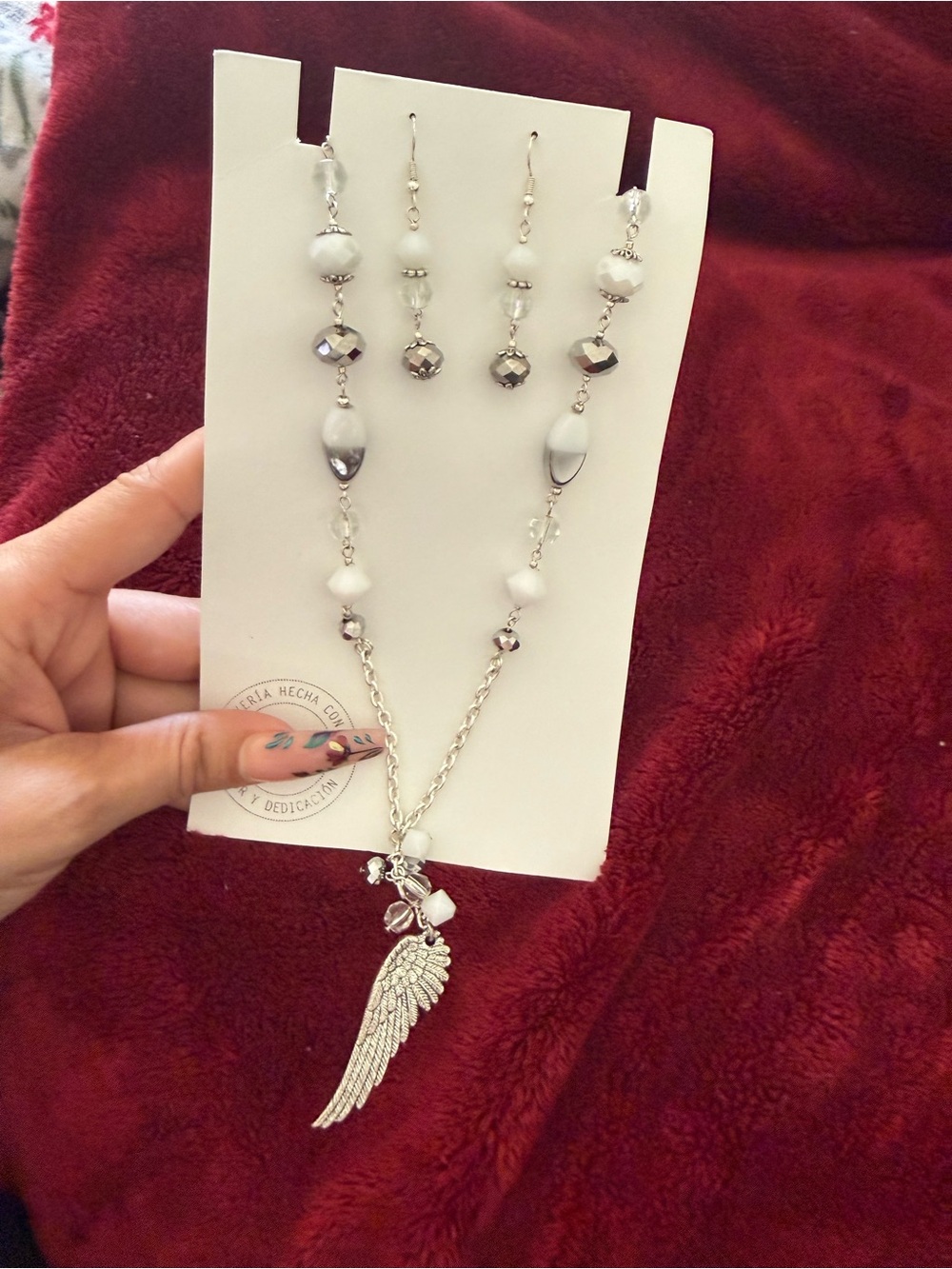 Handmade Silver Wing Pendant Necklace and Earring Set - White Beaded Accent